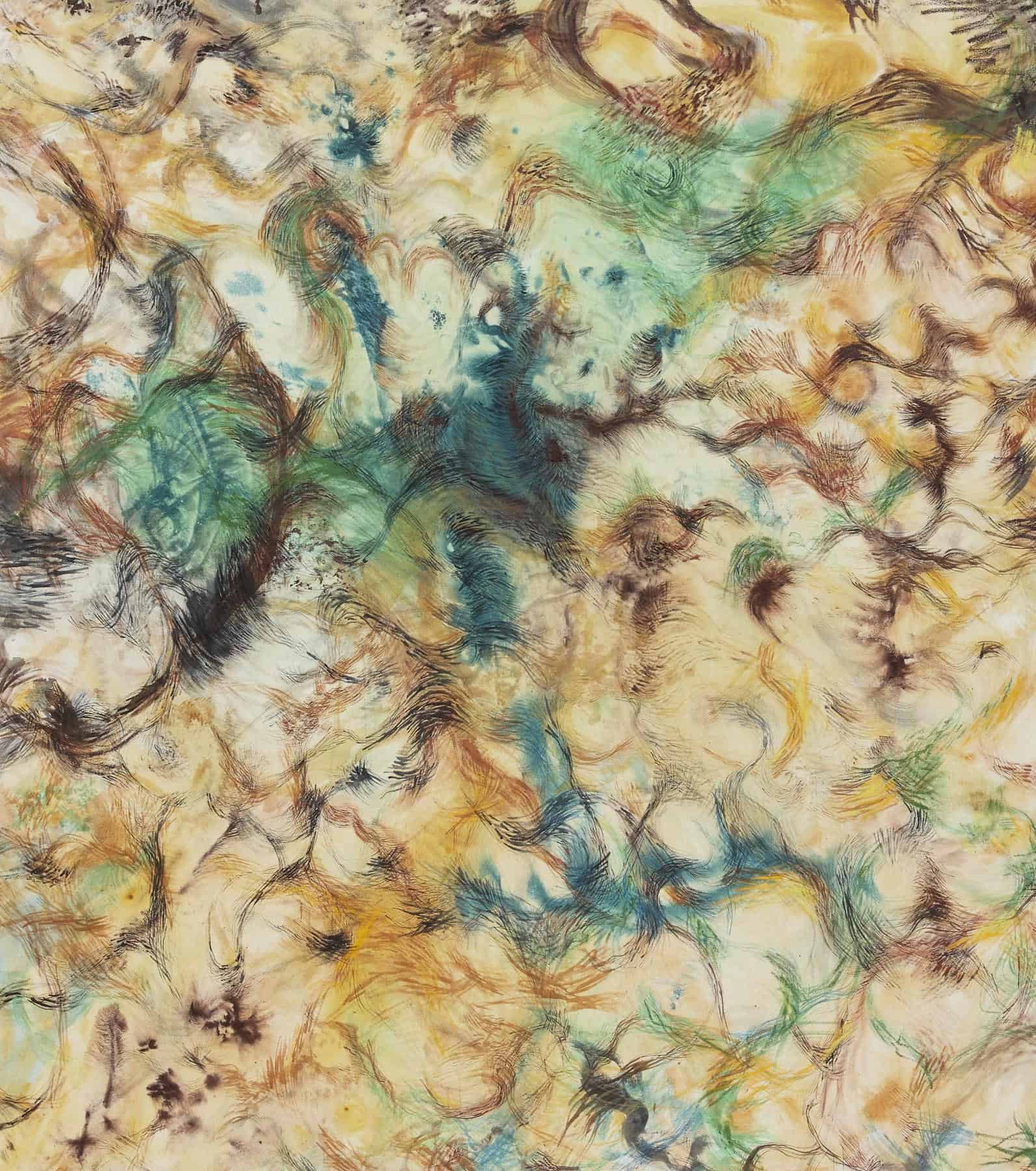 Caitlin Heffernan, Discordant, an abstract painting with dark looping lines over teal, ochre and cream