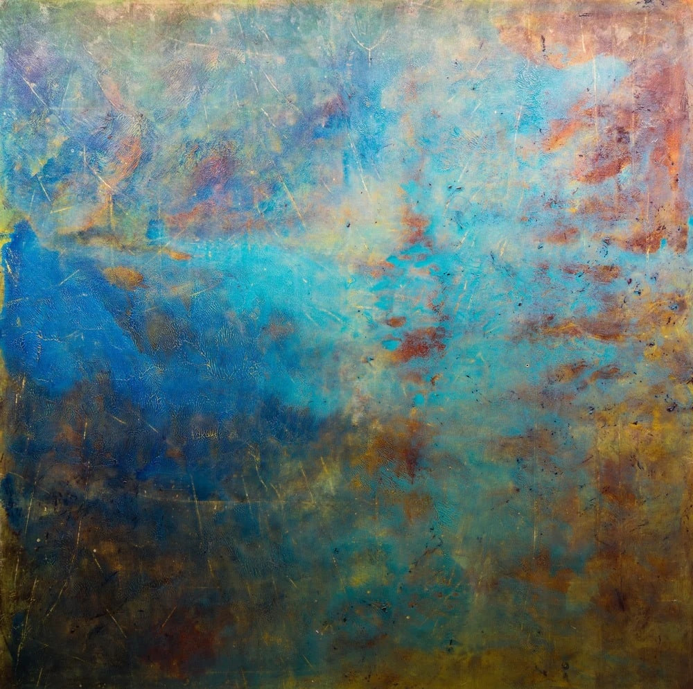 John Sabraw, Presence of Water, a square abstract painting in turquoise, deep blue, rust and ochre