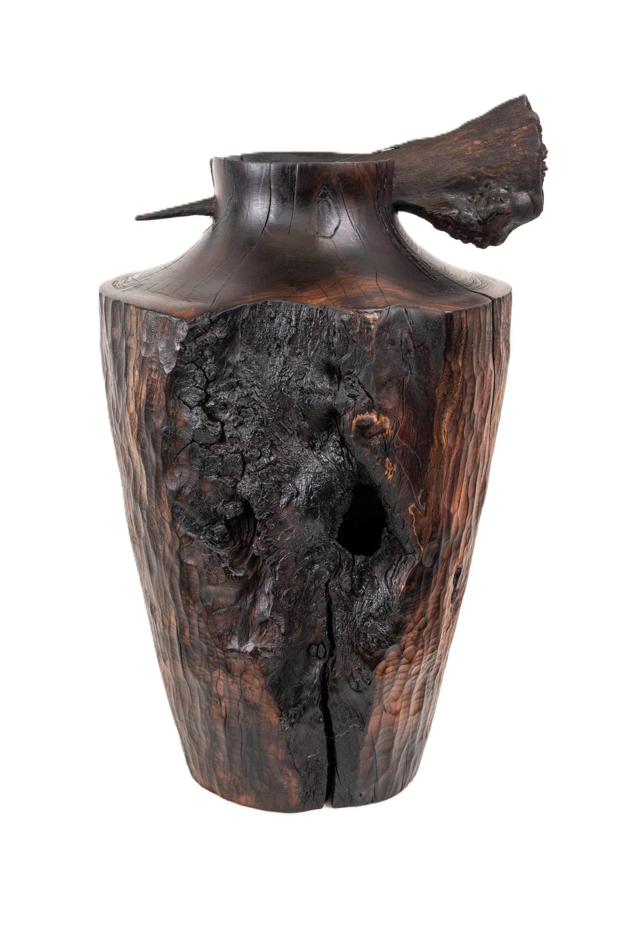 Julian Emsley, Barriers in Yew II, a tall carved and burnt yew sculpture with a polished rim