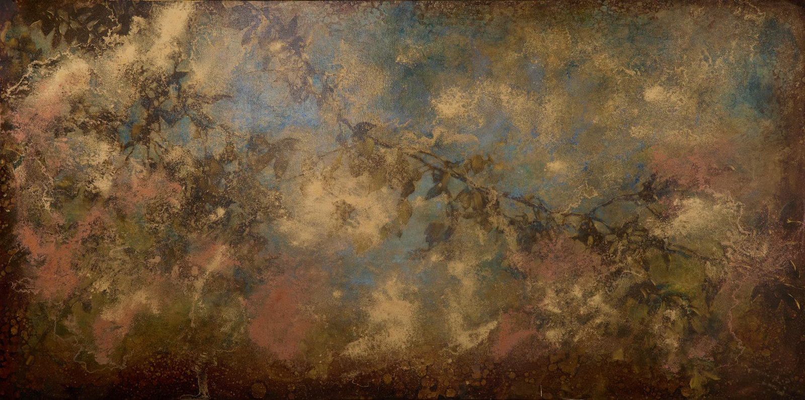 Michelle Gagliano, Lambing Storm, a horizontal abstract painting with blue, ochre and muted pink over a dark ground