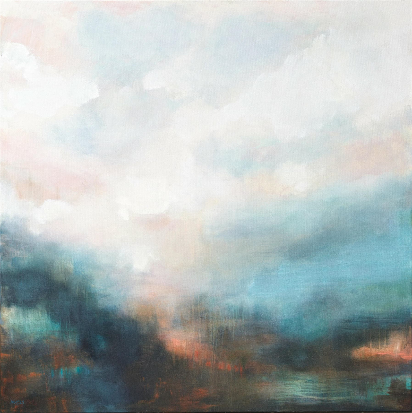 Miranda Carter, Waking Ground, an atmospheric square painting with pale sky above teal and coral bands