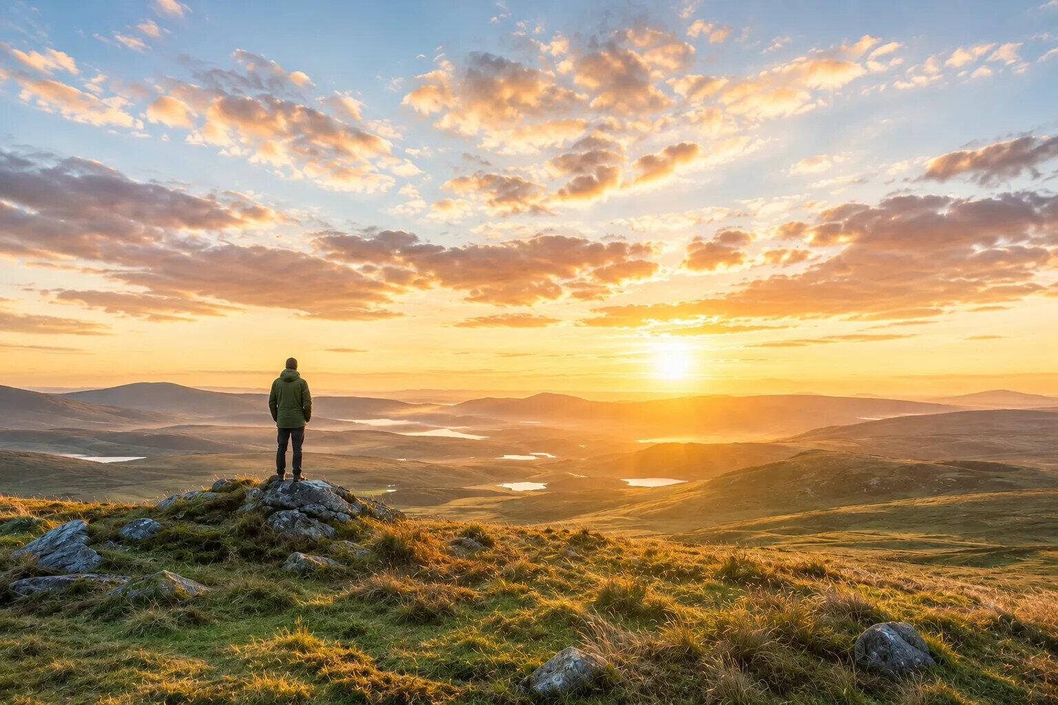 Solitary figure standing on a hill at sunrise overlooking a vast landscape, symbolising reflection, connection and humanity's relationship with the natural world.