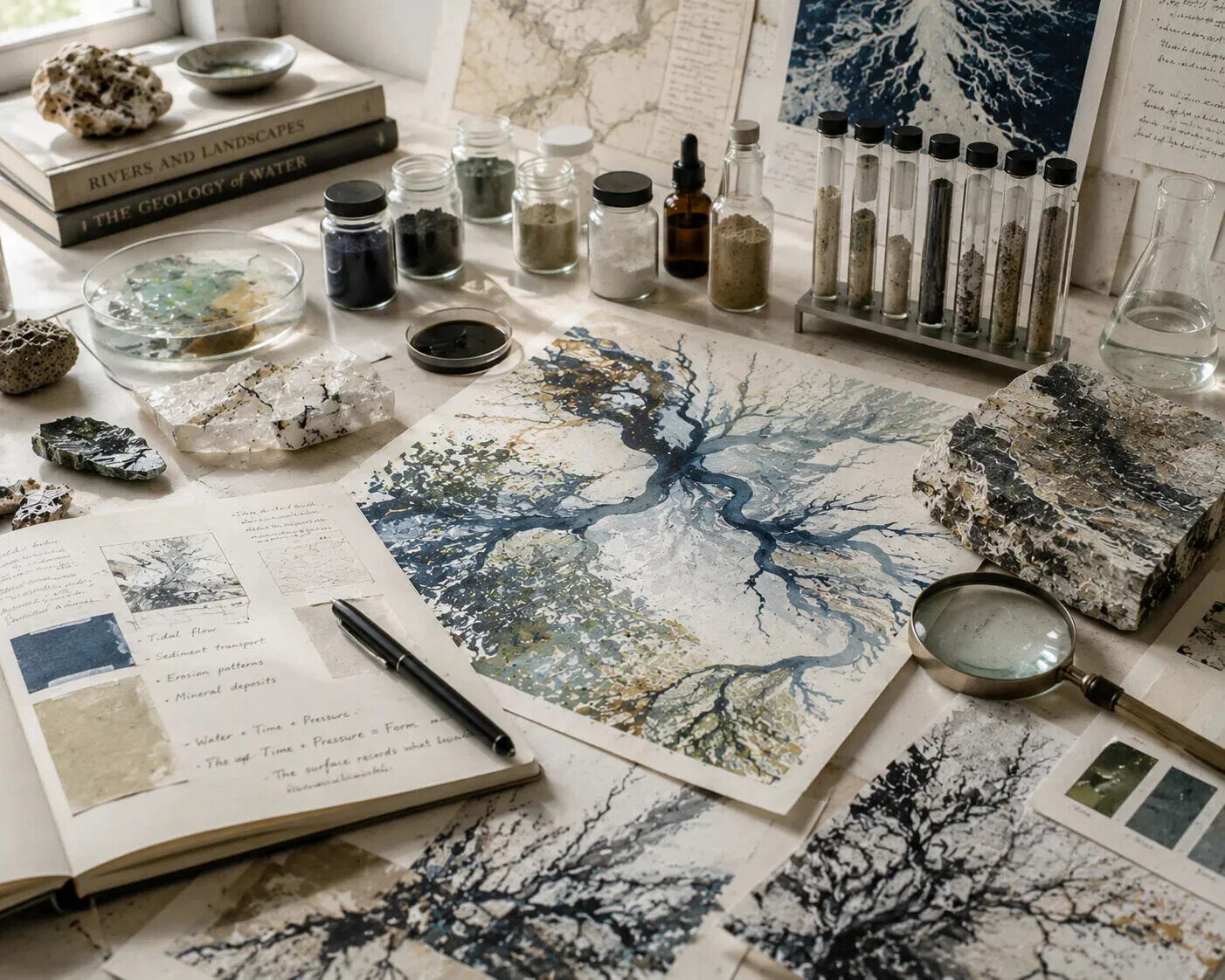 Artist's research table displaying maps, geological samples, pigments and scientific materials, illustrating the relationship between art, science and environmental inquiry.