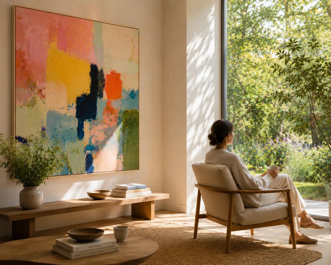 Person sitting peacefully beside a colourful contemporary painting and large window overlooking a garden, illustrating the relationship between art, wellbeing and reflection.