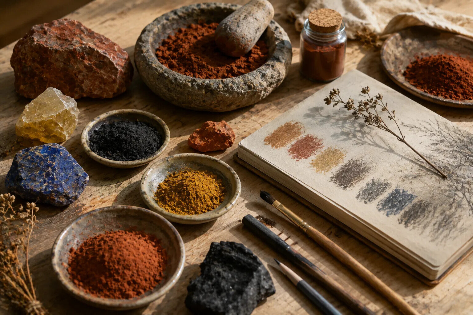 Natural mineral pigments, charcoal, stones and artist's tools arranged beside a sketchbook, illustrating the earth-derived materials that have shaped artistic practice throughout history.