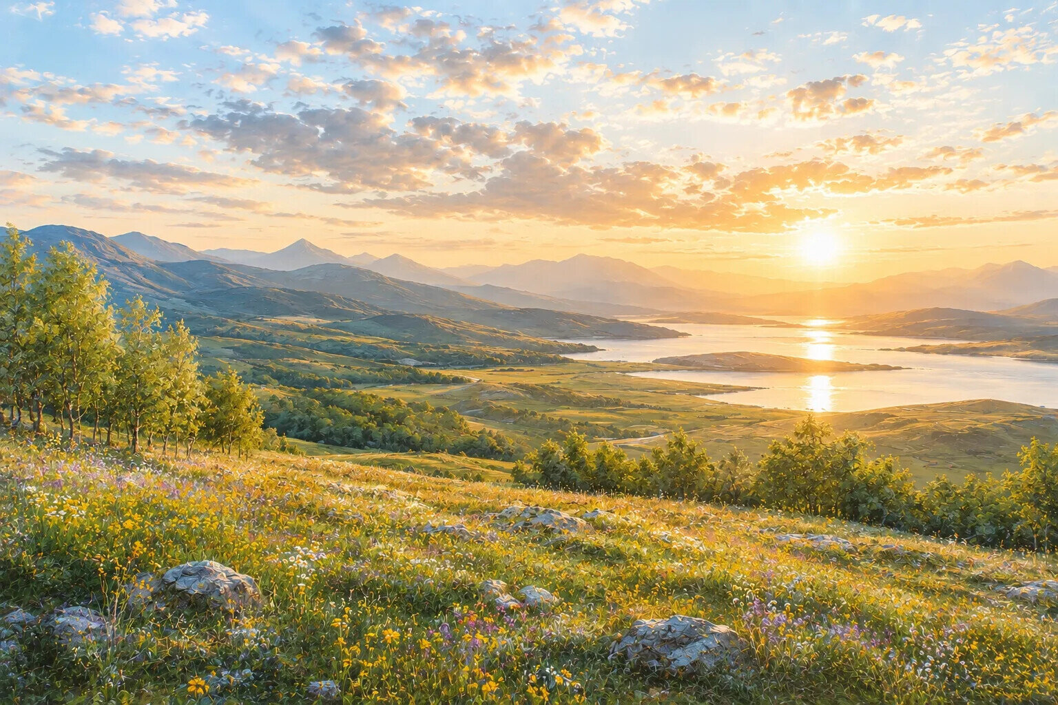 Luminous panoramic landscape with wildflowers, mountains and a shimmering lake at sunset, symbolising hope, beauty and connection to the natural world.