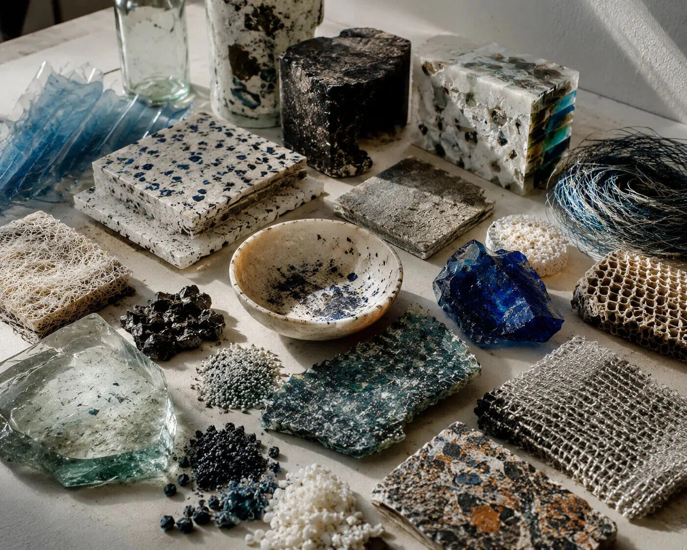 Arrangement of reclaimed materials, recycled fragments, glass, fibres and experimental surfaces illustrating creative reuse and sustainable contemporary art.