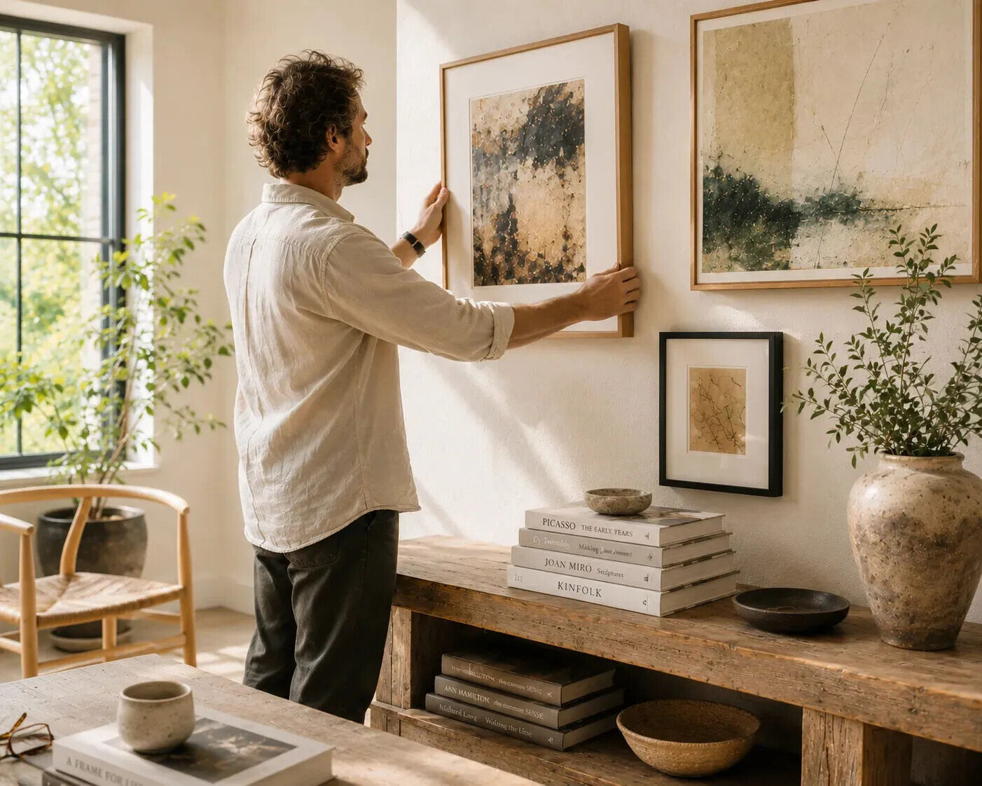 Collector hanging a framed artwork in a bright contemporary interior, illustrating thoughtful participation in art collecting and stewardship.