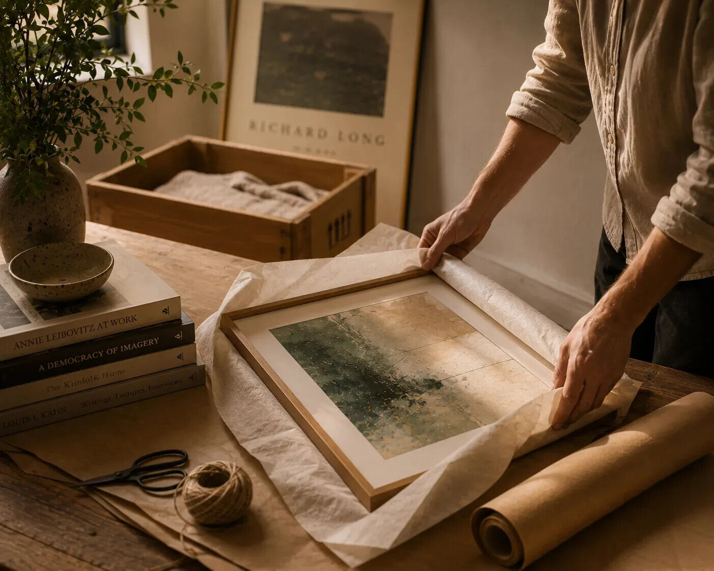 Hands carefully wrapping a framed artwork on a wooden table, illustrating art stewardship, preservation and collecting for future generations.