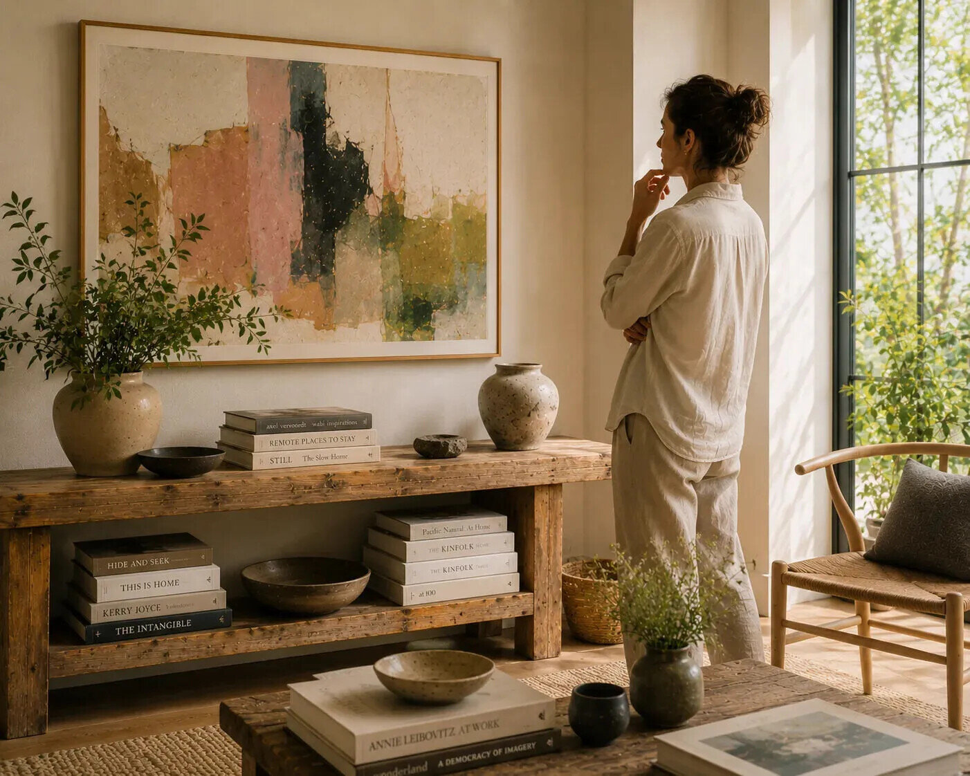 Collector thoughtfully studying a contemporary painting in a warm domestic interior, illustrating intentional and reflective art collecting.