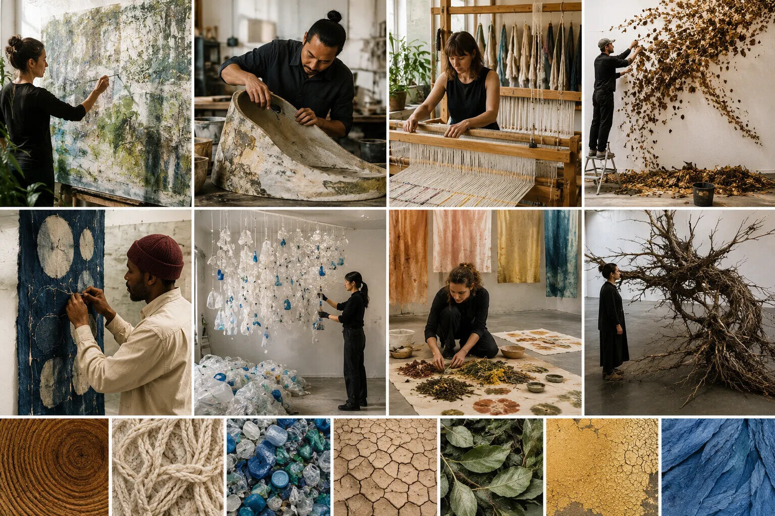 Montage of contemporary artists working across painting, sculpture, textiles and installation, illustrating the diversity of sustainable artistic practice.