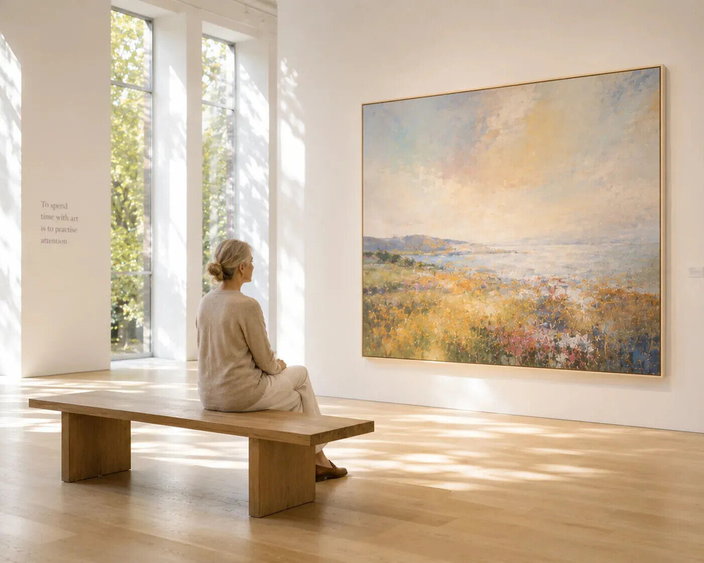 Visitor seated in a bright gallery contemplating a colourful contemporary painting, illustrating slow looking and attentive engagement with art.
