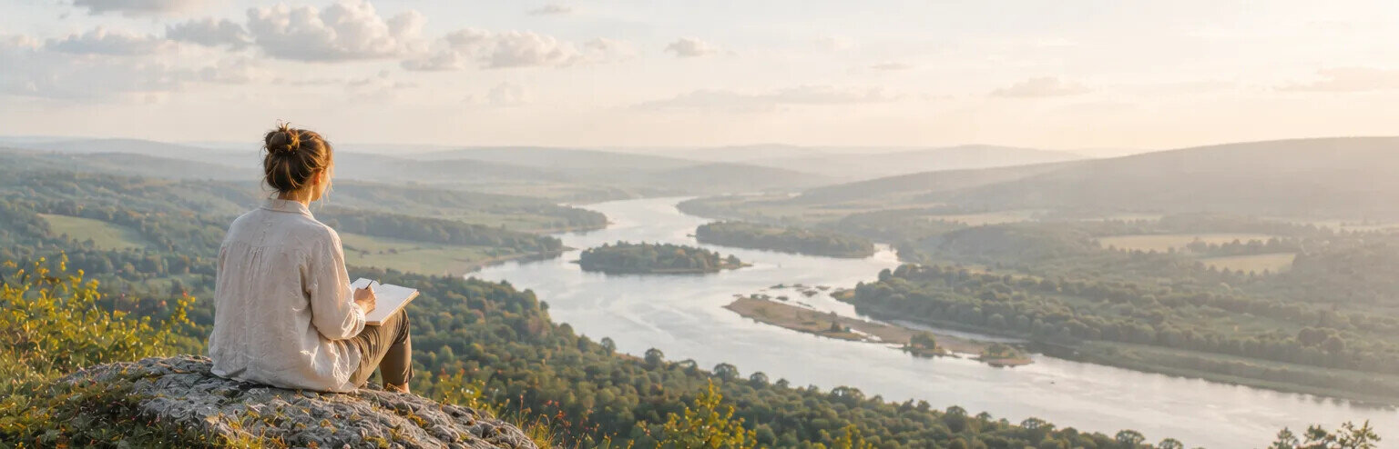 Figure sketching while overlooking a river valley at golden hour, illustrating contemplation, attention and humanity's relationship with the natural world.