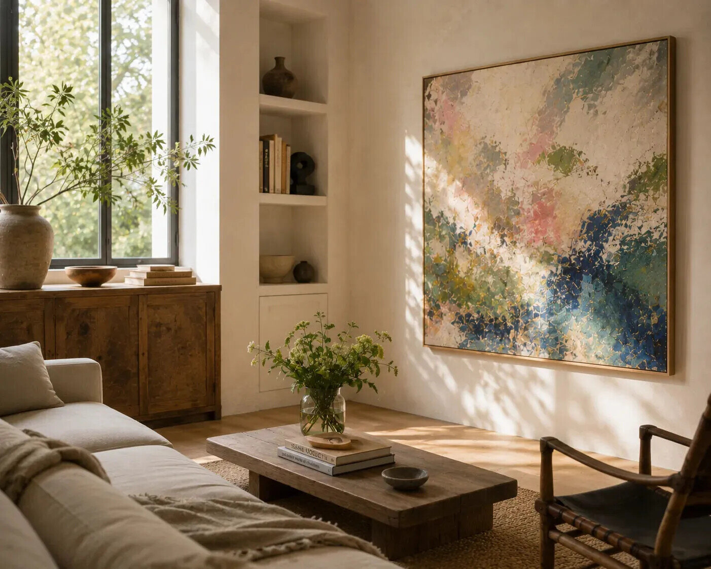 Contemporary painting displayed in a warm, sunlit living room with natural materials and soft furnishings, illustrating the experience of living with art.