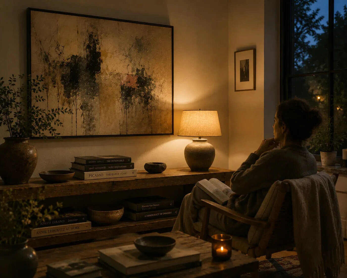Person sitting quietly in a warmly lit evening interior contemplating a contemporary artwork, illustrating the long relationship between collectors and the art they live with.