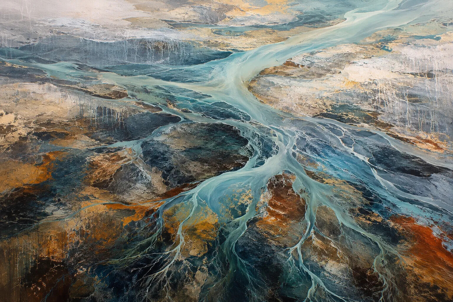 Abstract painting inspired by braided river systems and geological processes, illustrating environmental interconnection and the visualisation of ecological systems.