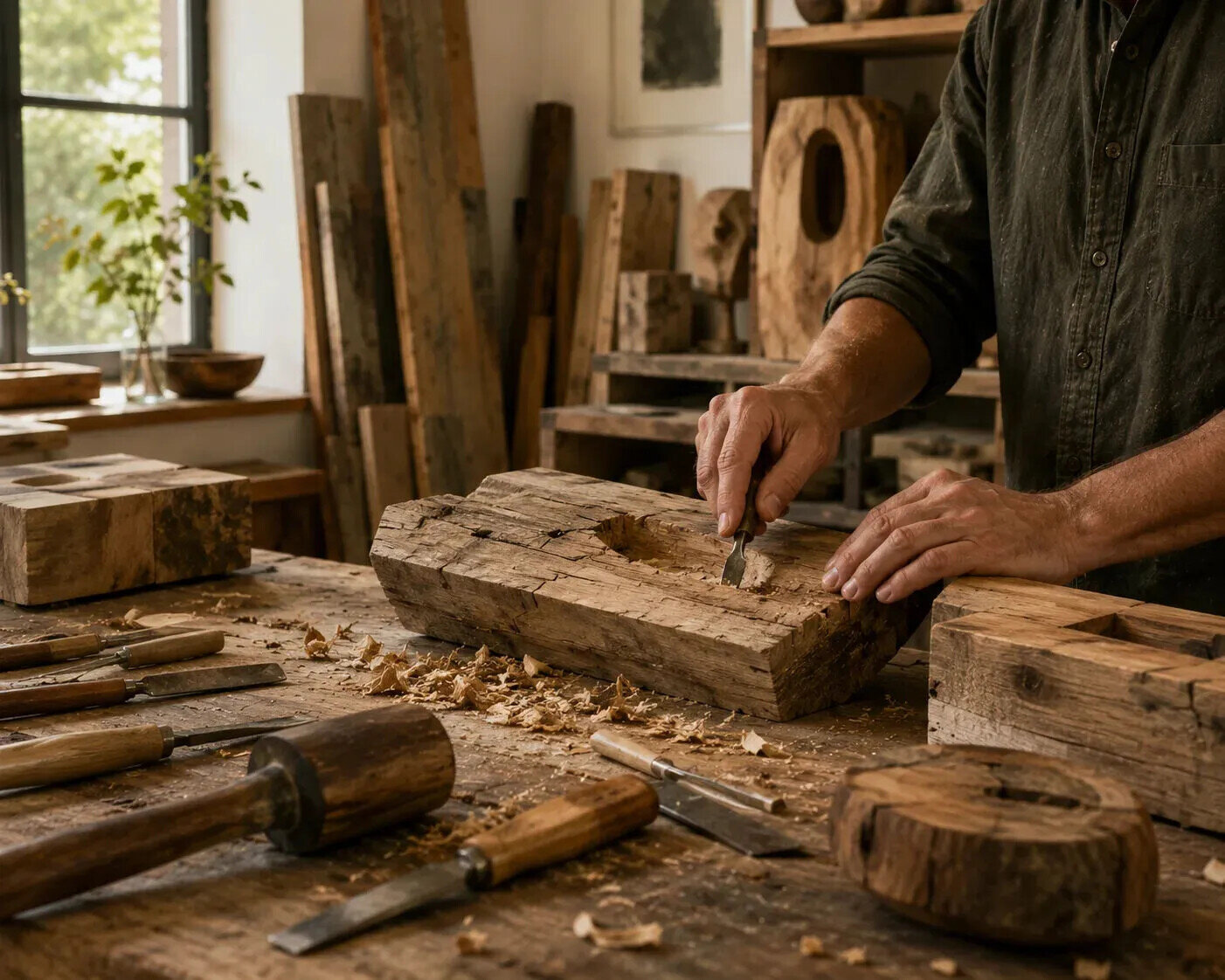 Artist carving reclaimed wood in a softly lit studio surrounded by hand tools and timber, illustrating skilled making and material stewardship in sustainable art.