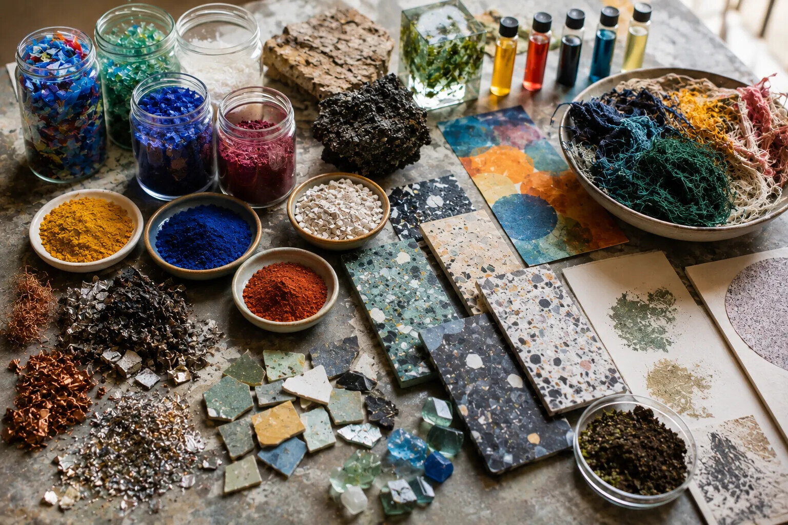 Artist's materials research table displaying pigments, recycled materials, minerals and experimental surfaces that illustrate innovation in sustainable contemporary art.