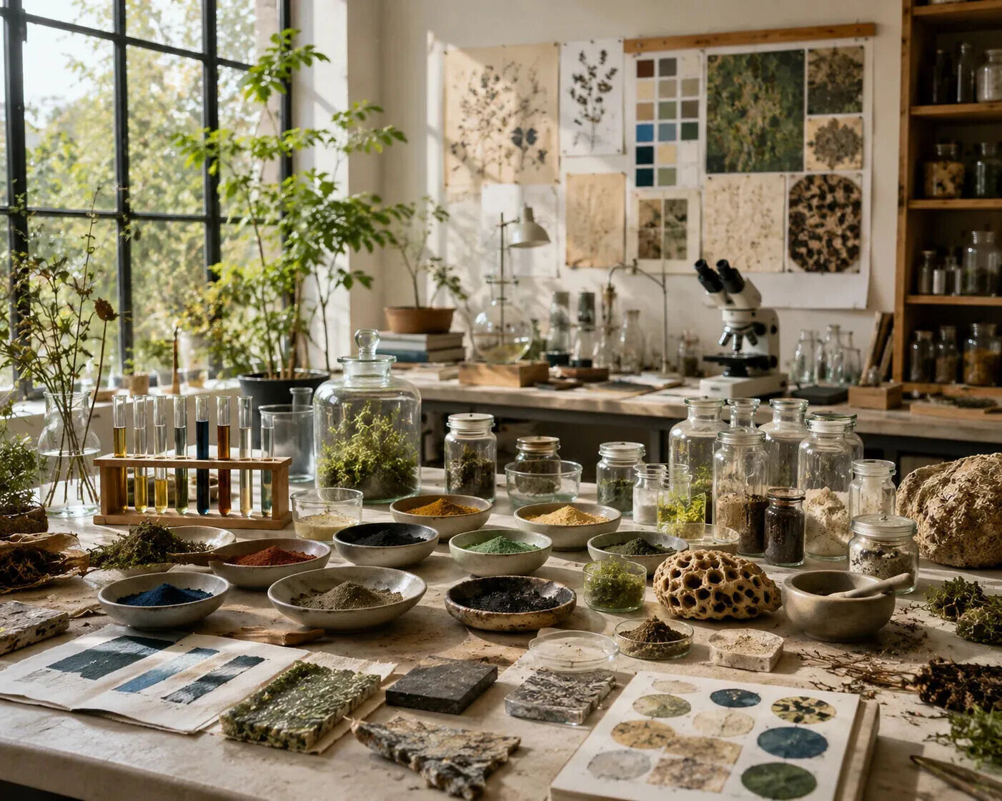 Bright artist-scientist studio with pigments, botanical samples, experimental materials and scientific equipment, illustrating innovation in sustainable art.