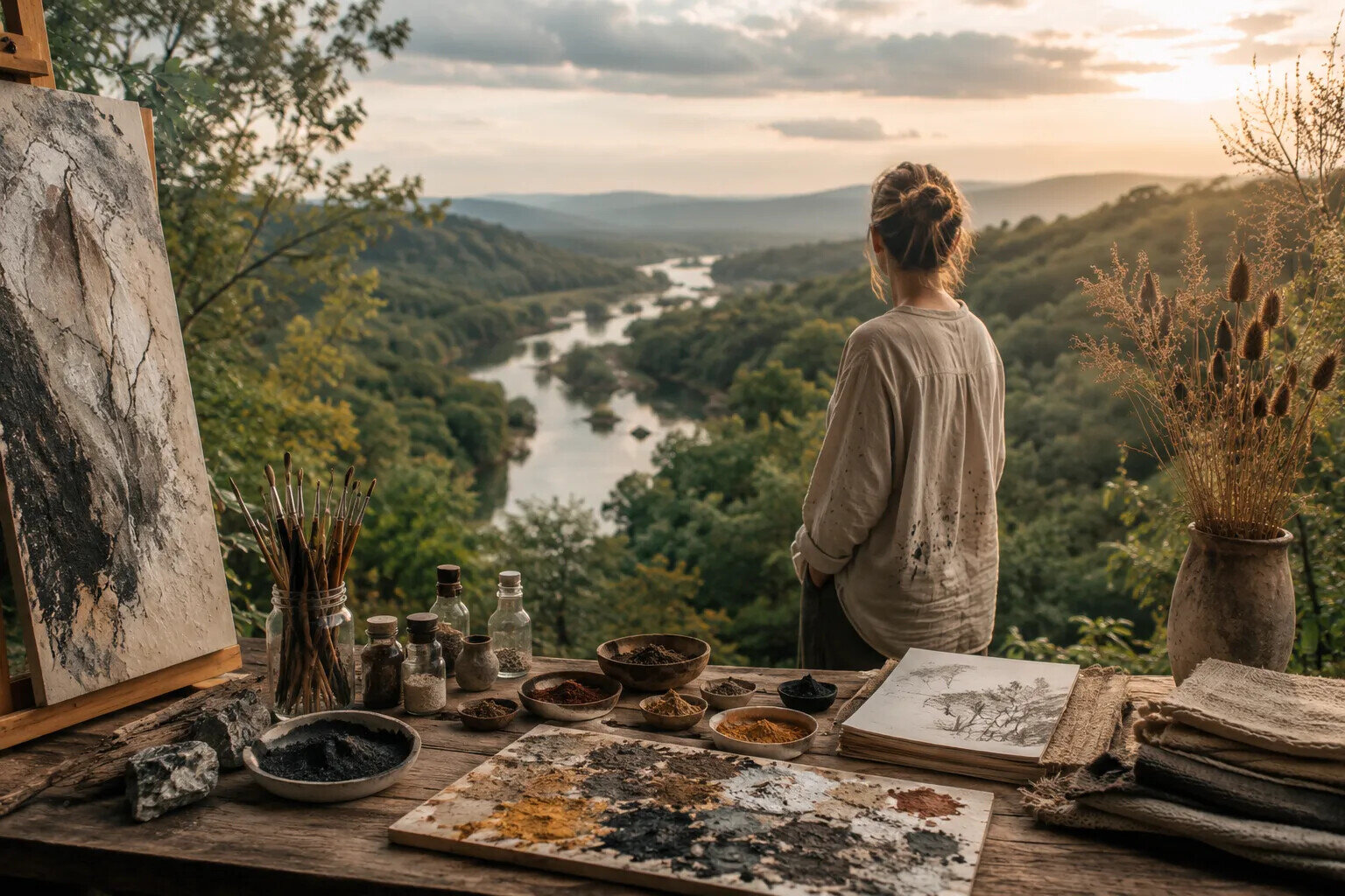 Artist standing in a studio overlooking a river valley, surrounded by natural materials and artworks that explore the relationship between creativity and the natural world.