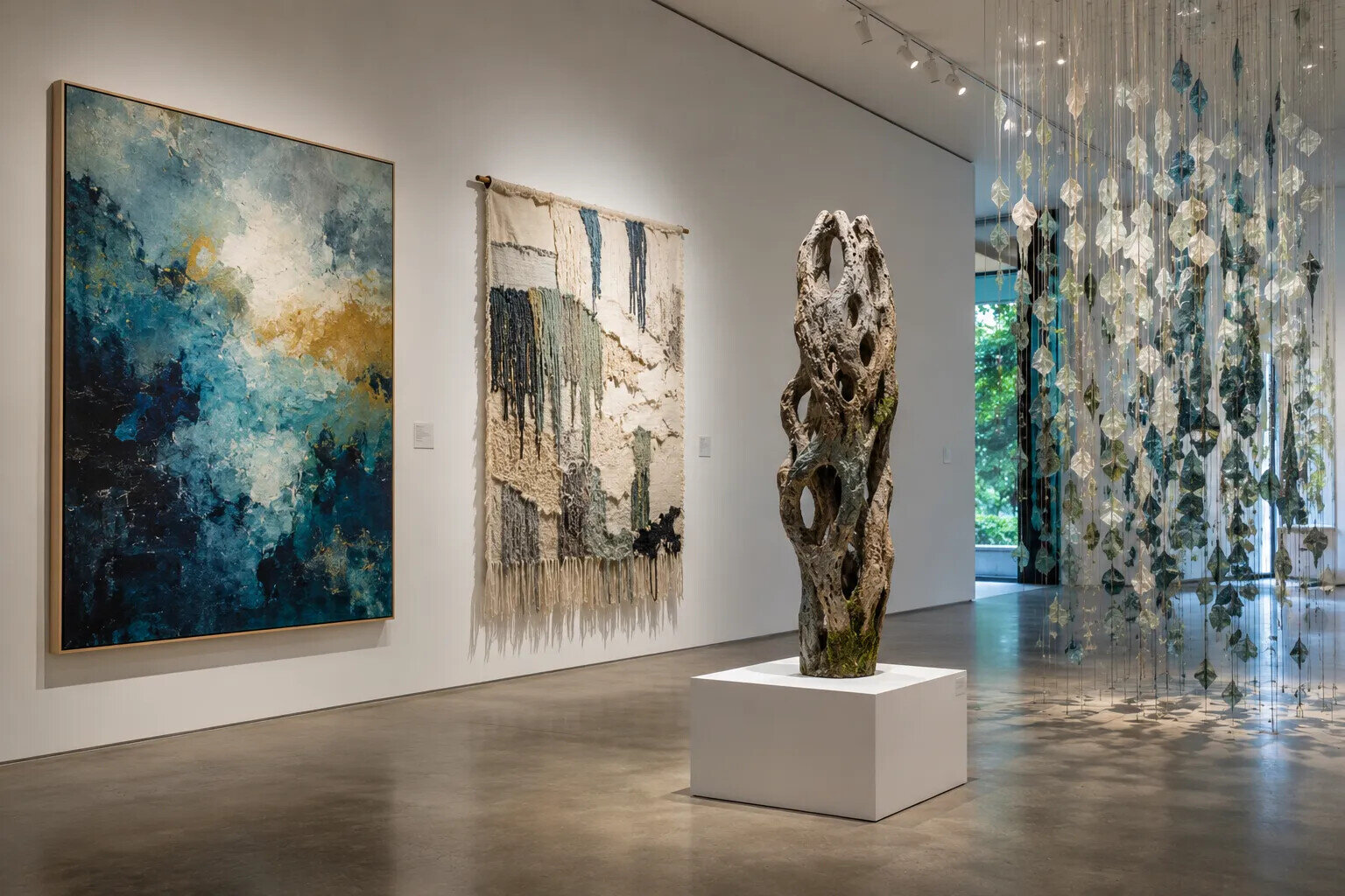 Contemporary gallery installation featuring an abstract painting, textile artwork, organic sculpture and suspended installation, illustrating the diverse forms that sustainable contemporary art can take.