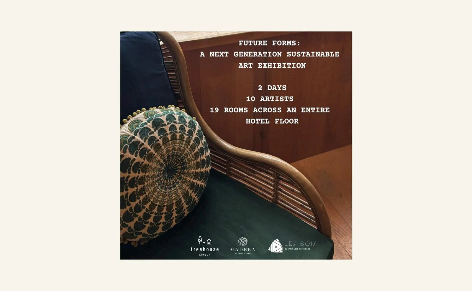 Contemporary sustainable artworks displayed at Future Forms, Treehouse Hotel London, January 2026.