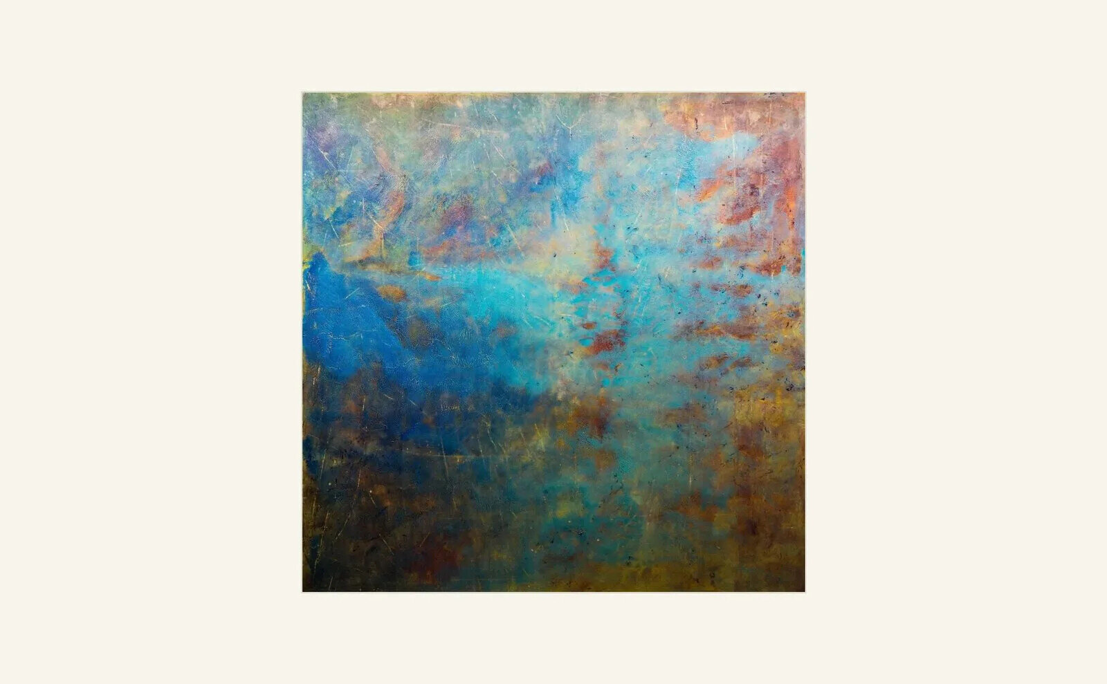 John Sabraw, Presence of Water, 2025, a layered blue and earth-toned abstract painting made partly with recovered iron oxide pigments from acid mine drainage.
