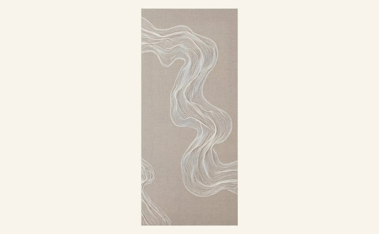 Saskia Saunders, Here in Time III, 2025, a long pale plant-fibre artwork with flowing linear forms arranged in space.