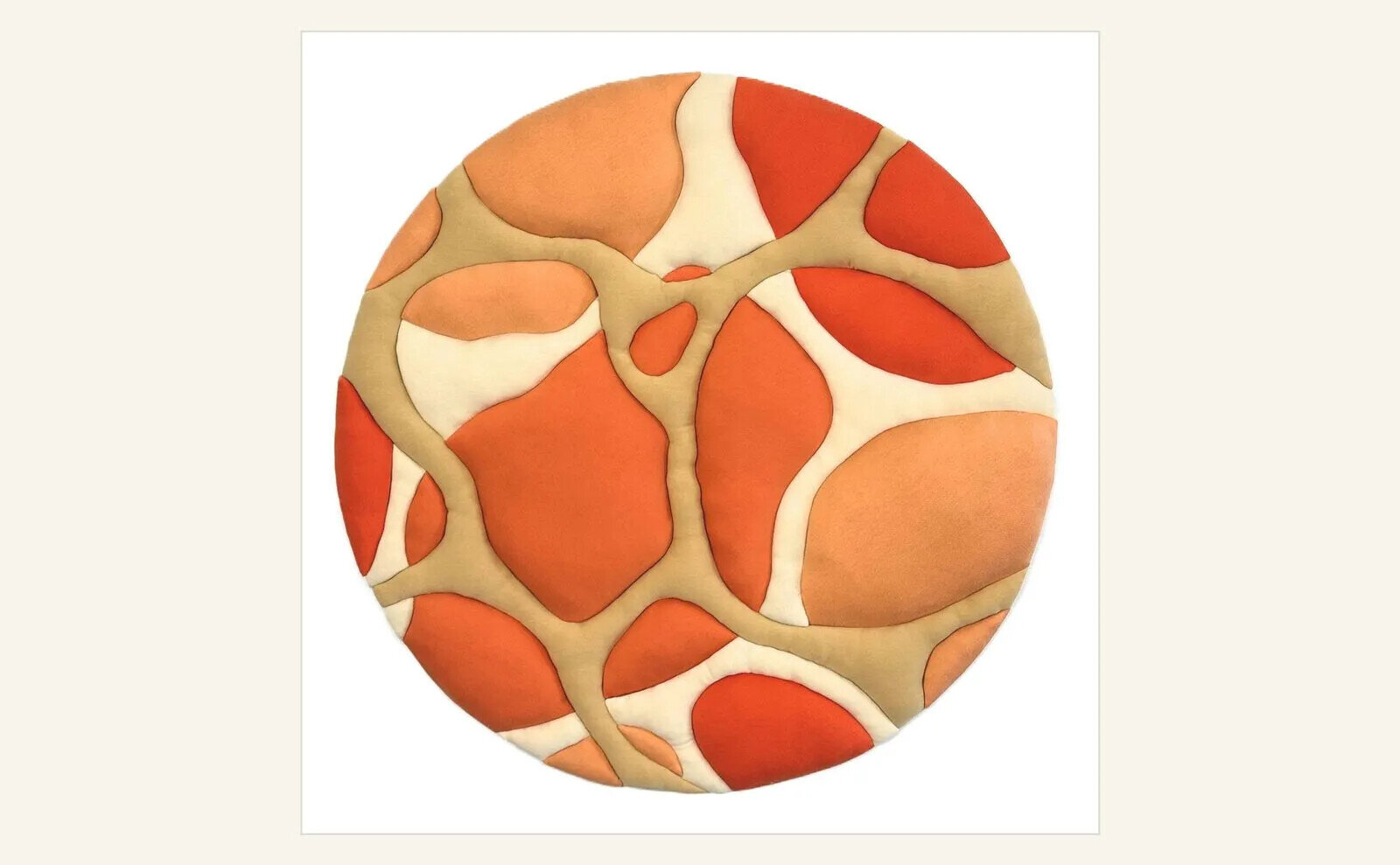 Sienna Martz, Intertwined I, a sculptural textile artwork with rounded orange, red and cream forms intertwined within a circular composition.