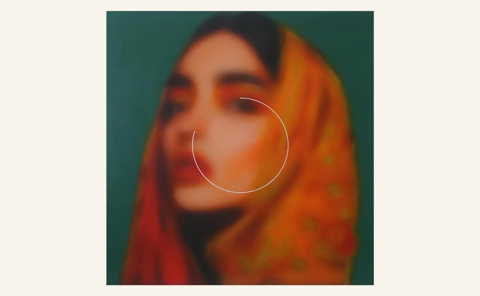 Blurred figurative painting by Volcan with a circular visual interruption.
