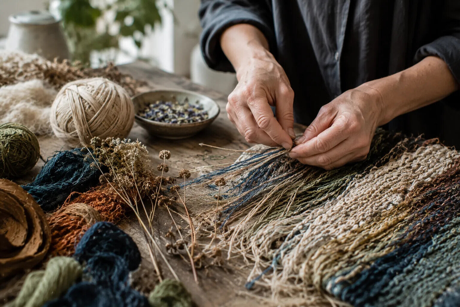 Artist's hands working with natural fibres and textile materials in a studio, illustrating material sensitivity and contemporary sustainable artistic practice.