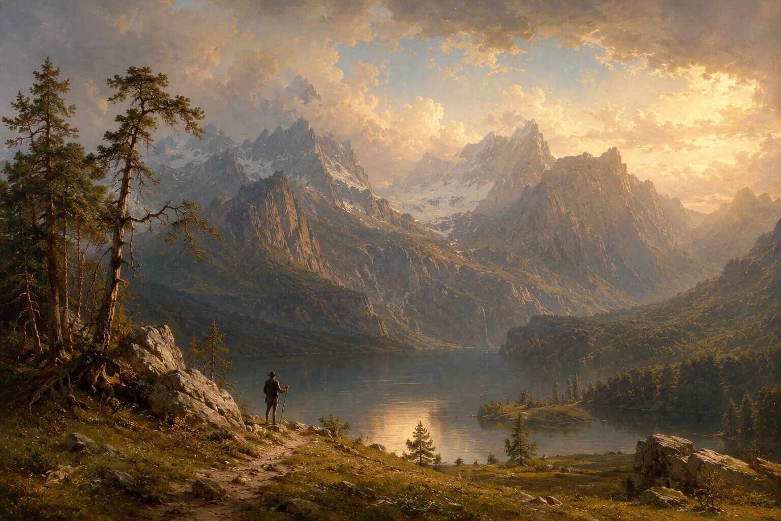 Romantic mountain landscape with a solitary traveller overlooking a lake and dramatic peaks, illustrating changing cultural perceptions of nature and the sublime.