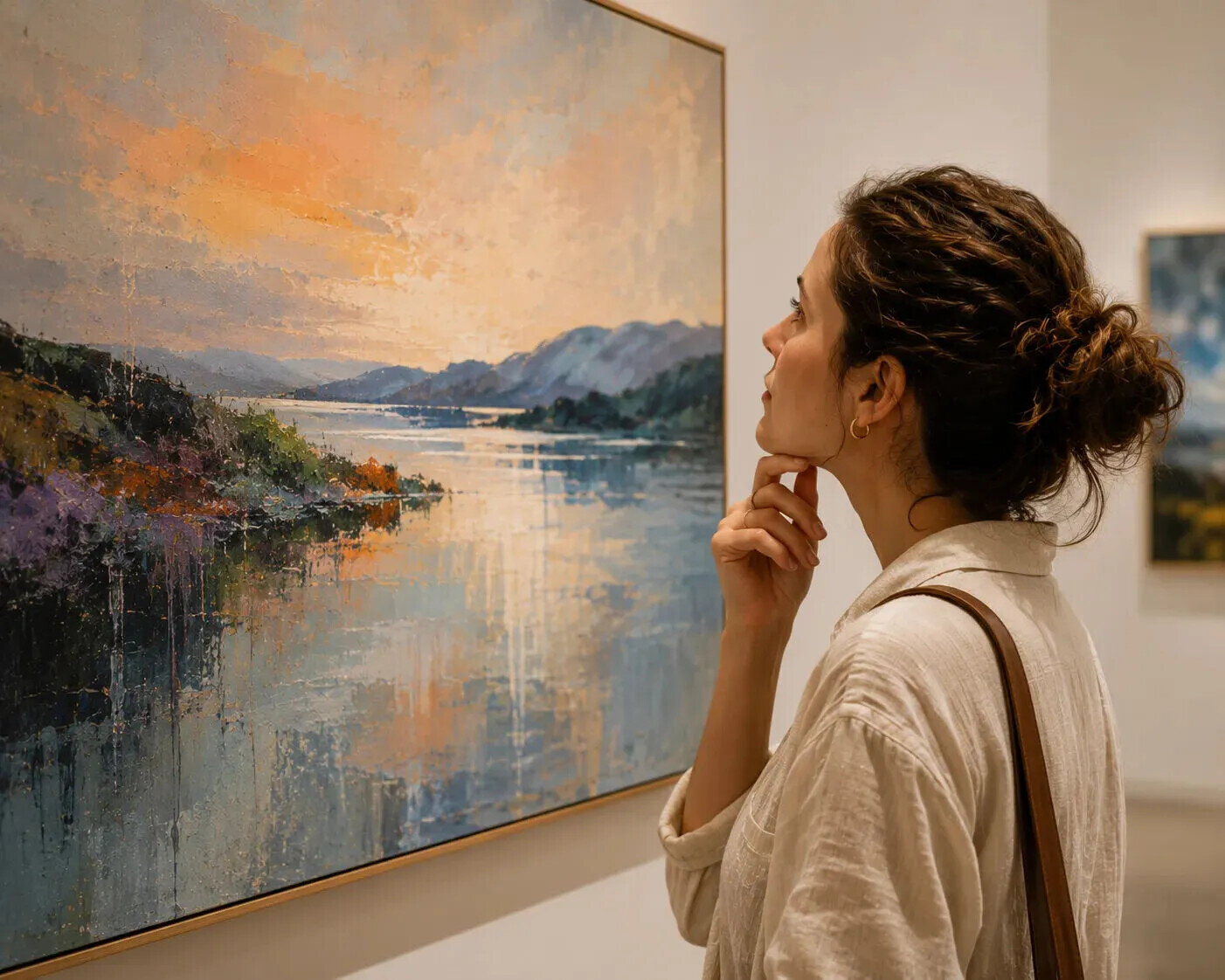 Visitor closely studying a contemporary landscape painting in a gallery, illustrating contemplation, sustained looking and the importance of attention in art.
